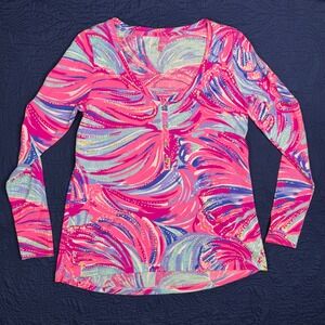 Lilly Pulitzer Etta V-Neck Henley Pink Blue Abstract Pima Cotton Top Small